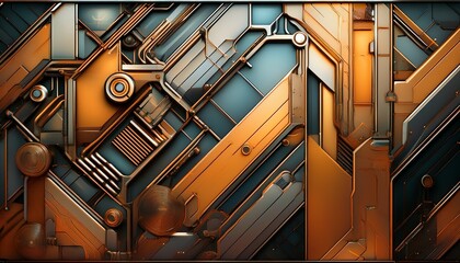 abstract image featuring industrial geometric patterns with a rugged mechanical aesthetic integrating metallic textures and muted colors to evoke industrial strength an