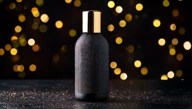 elegant black bottle with golden cap reflecting light against dark sparkling background luxurious design evokes sense of sophistication and allure