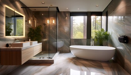 spacious bathroom features stunning marble walls a freestanding tub glass shower and elegant lighting creating a serene atmosphere