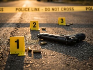 Crime Scene Investigation - Evidence Markers, Handgun, and Bullet Casings on Pavement.