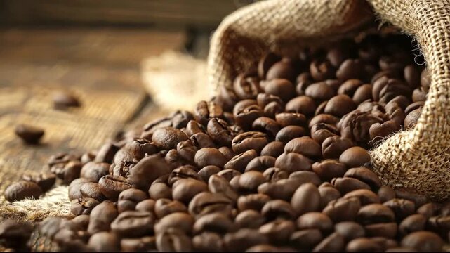 A close-up of roasted coffee beans spilling from a burlap sack onto a rustic wooden surface