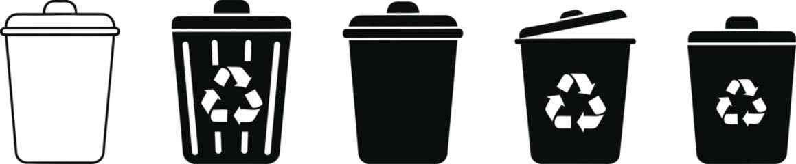 Set of recycling bins with recycle symbol and lid