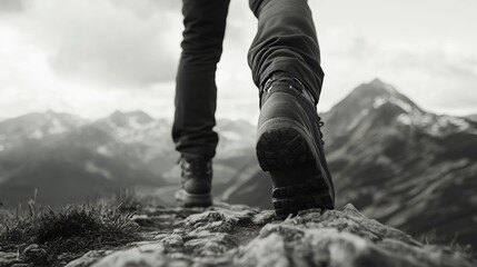 Man with hiking boots and backpack walking on rocky mountain terrain.