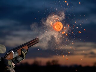 Shotgun Blast Shattering Clay Target - A Dynamic Action Shot Against Sunset Sky.