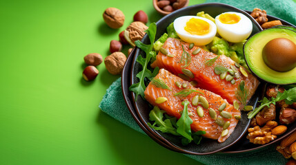Keto diet concept, salmon avocado eggs, nuts seeds visible, bright green background, low carb nutrition, healthy fats emphasis, ketogenic meal display, top view composition, with c
