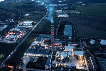 Aerial drone view to district heating on Burgas, Bulgaria evening
