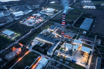 Aerial drone view to district heating on Burgas, Bulgaria evening