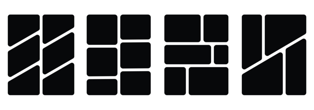 6 photo collage mockup frame. Image collage layout template set. Photo album or memory wall idea for banner, poster, mockup, flyer, brochure. Vector illustration