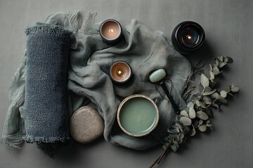 A serene flat lay of spa and self-care essentials, featuring candles, a jade roller, and eucalyptus branches.