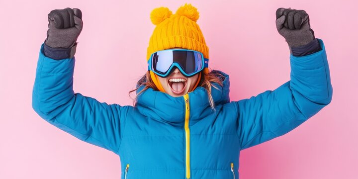 Smiling woman wearing ski goggles celebrates winter sports joyfully. - Powered by Adobe