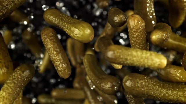 Pickled cucumbers fly and fall on a black background. Filmed on a high-speed camera at 1000 fps. High quality FullHD footage