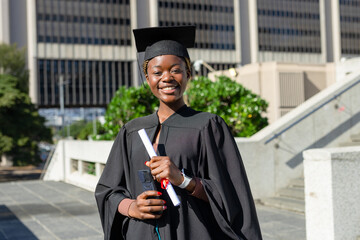 African American woman in cap and gown standing on university plaza holding diploma, smartphone