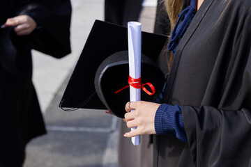 Diverse female graduates in gowns holding diploma, cap, checking smartphone by railing, copy space