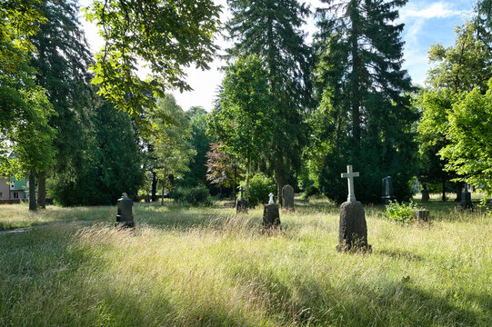 Viele einzelne Grabsteine verstreut auf einer Wiese auf einem Waldfriedhof in Memmingen