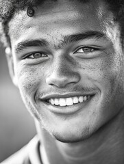 A black and white photograph of a cheerful individual showing skin pores from exertion or outdoor activity.