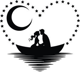 Romantic couple in a boat under a starry sky with a heart silhouette