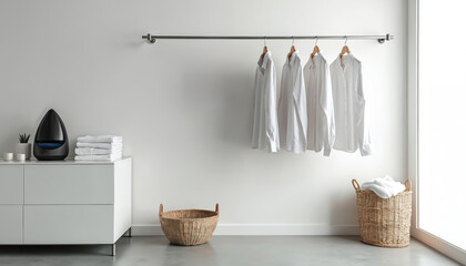 White shirts hang on a rod. A modern steamer sits on a cabinet beside folded towels and baskets. Laundry room interior displays neatness and organization.