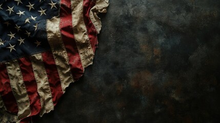 A worn American flag with stars against blue background.