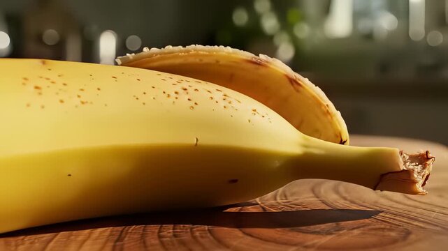 Bananas in various states on a cutting board, table, and surface, conveying everyday convenience, perfect for healthy snacking or morning routines, ideal for advertisements, cooking shows.