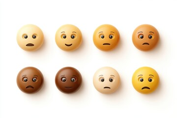 Emotions in Pixels: An array of stylized emojis in varying skin tones, each displaying a unique emotional state, presented on a subtle, textured backdrop. Capturing a range of human feelings.