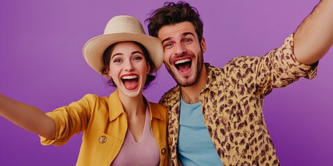 A man and a woman are smiling and taking a selfie. The man is wearing a yellow jacket and the woman is wearing a yellow hat