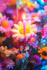 Vibrant flowers and candle create a serene display.