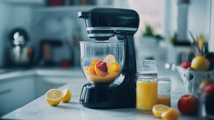 A black kitchen blender with fresh fruit inside on a countertop with citrus fruits and jars of juice nearby.