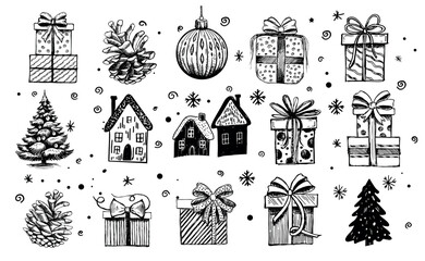 Christmas and New Year black on white set, Hand drawn illustration.	
