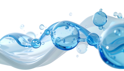 Rendered molecule with curved, glossy light blue spheres and flowing white fabric