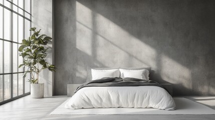 A clean, minimalist bedroom with a bright window and modern design elements.