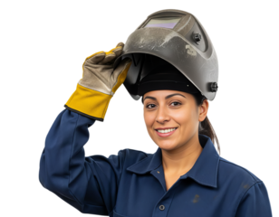 Smiling latinx female welder raising helmet while looking at camera in a work setting with white background