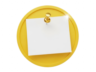 Yellow circular tag with a white note and a brass pin isolated on transparent background