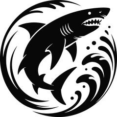 Dynamic shark leaping from ocean wave silhouette