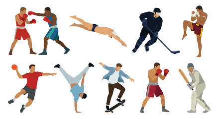Diverse athletes engaging in various sports activities illustration on transparent background