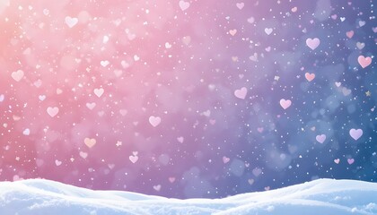 snow drift with falling heart bokeh on pink blue sky