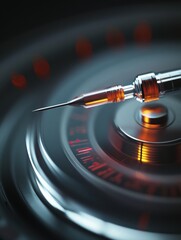 Close-up of syringe injecting liquid into electronic component with red and blue lighting.