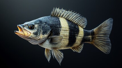Beautiful fish with vibrant colors swimming in a dark blue background.