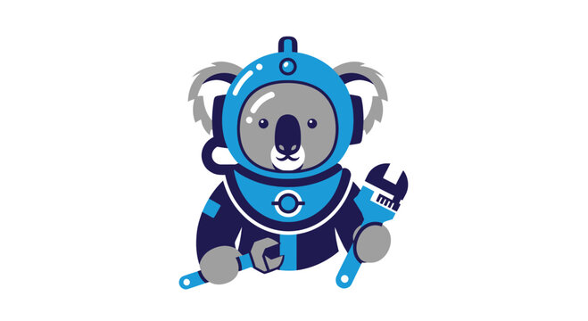 Koala mechanic in blue jumpsuit, holding wrench