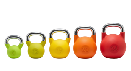 Colorful Kettlebells Arranged by Weight on Isolated Transparent Background
