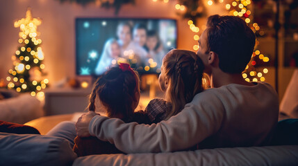 Obraz premium Family enjoying a cozy movie night together in a festive holiday setting