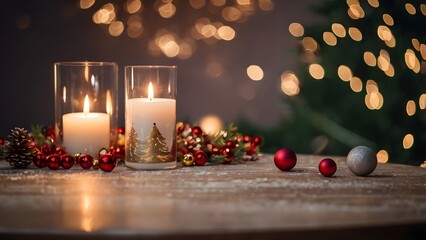 Christmas candles with festive ornaments and warm lights
