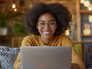 Woman typing on laptop, happy expression, modern interior, casual clothing, glasses.