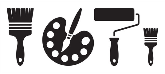 Painting tools silhouette icons set brush roller and palette with paint brush art supplies