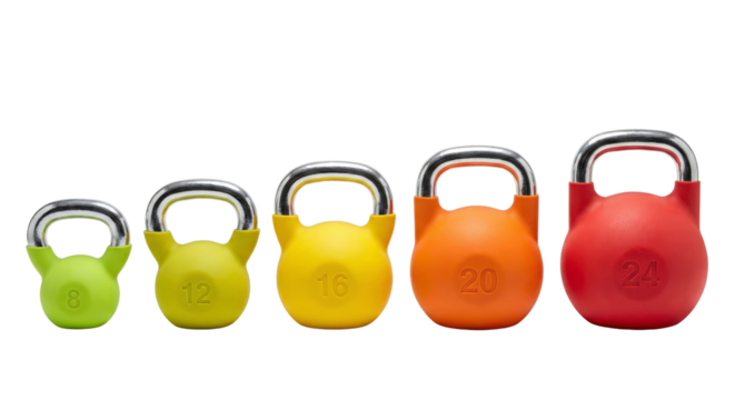 Colorful Kettlebells Arranged by Weight on Isolated Transparent Background - Powered by Adobe