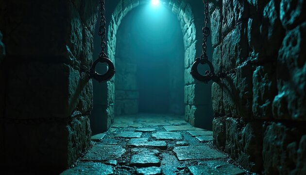 Dark dungeon interior scene with chains and shackles hanging. Eerie atmosphere in a stone corridor with dim, moody lighting. Ancient prison concept with gothic vibes. Horror and mystery theme. - Powered by Adobe