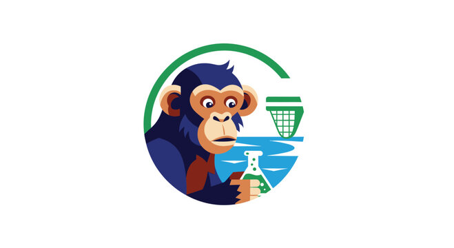 Cartoon monkey in a circle holds a lab flask near a river with a net