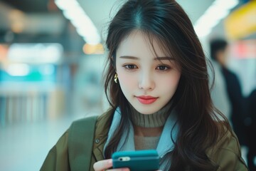 A young woman with brown hair stands in a crowded airport. She is checking her phone and appears to be waiting for a flight. The environment suggests travel or transit.