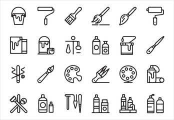 Paint and brush icon set in outline style, creative art tools and artist supplies