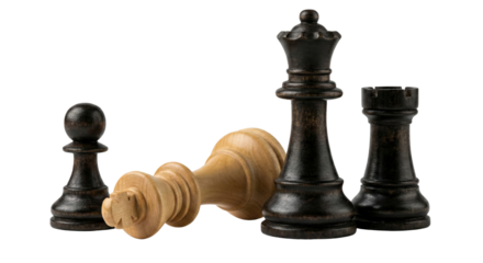 Strategic chess game showcasing the victorious black pieces and defeated light king resting on the