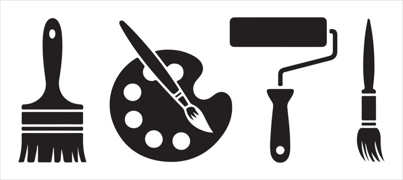 Painting tools silhouette icon set with brush roller palette and paint brush art supplies